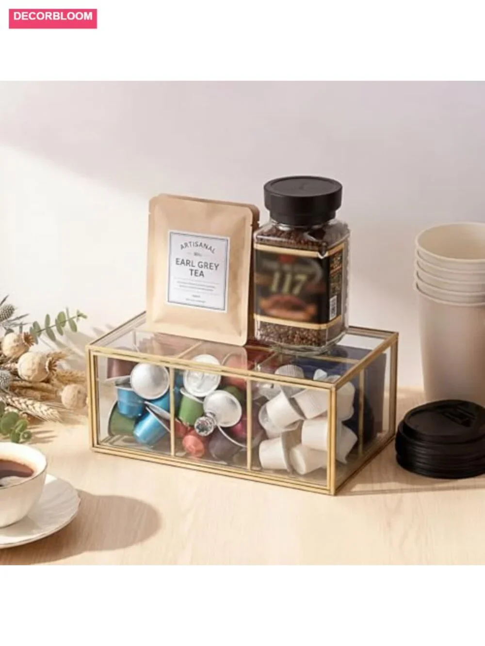 Glass Tea Bag Organizer with Drawer, 6 Compartments, Coffee and Drip Bag